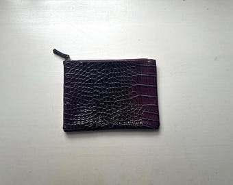 Vintage 90s 'Kristine Accessories' Dark Violet Purple Faux Crocodile Zippered Pouch