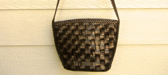 Vintage 70s Black 'Cem' Woven Leather Bucket Bag - image 1