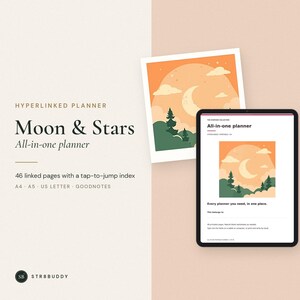 Alles-in-één printbare planner met maan- en sterrendesign, 46 GoodNotes-pagina's met hyperlinks, digitale planner, A4, A5 en US Letter-formaat.