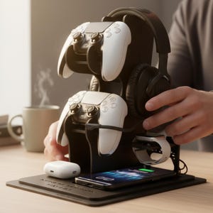 Könnte beinhalten: Schwarze Ladestation für Spielkonsolen mit zwei weißen Controllern, schwarzen Kopfhörern und einem Smartphone. Die Station hält auch ein Paar weißer Ohrhörer. Der Telefonbildschirm zeigt ein Ladesymbol.