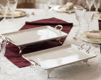 Bandeja de servir elevada de porcelana con pedestal, plato para postres, soporte de mesa para bodas, acero inoxidable y titanio.