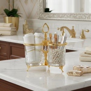 Soporte de lujo para cepillos de dientes y brochas de maquillaje para baño, de cristal y metal.