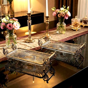 Luxury Glass Gold Colored Vintage Serving Tray Decorative Rectangular Vanity Tray Elegant Special Occasion Table Decor Stainless Steel