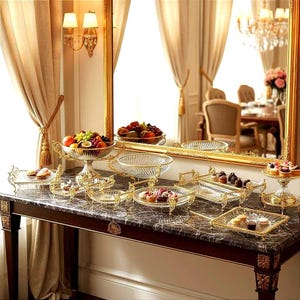 Puede incluir: Una exhibición de elegantes fuentes y cuencos, algunos llenos de fruta y pasteles, dispuestos sobre una mesa con tapa de mármol. Las piezas de vidrio y doradas reflejan la luz, creando una estética lujosa.