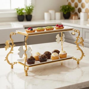 Two Tier Porcelain Serving Stand Gold Butterfly Dessert Stand Luxury Rectangular Tiered Serving Tray Tea Party Display Stand