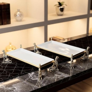 Lyxig serveringsbricka med gepardben, förhöjd porslinsfat, rektangulär dessertbricka, guld- och silverfärgad djurbas, dekorativ mittdekoration