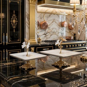 Soporte de servicio con asa de mariposa, bandeja rectangular elevada, porcelana, acero inoxidable y titanio.