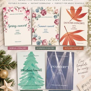 May include: A collection of five concert program templates featuring seasonal designs including pink cherry blossoms, roses, autumn leaves, a green Christmas tree, and a blue spotlight effect, with text placeholders for event details.