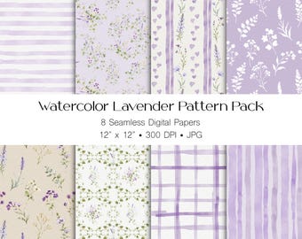 Watercolor Lavender Floral Seamless Patterns (Digital Download)