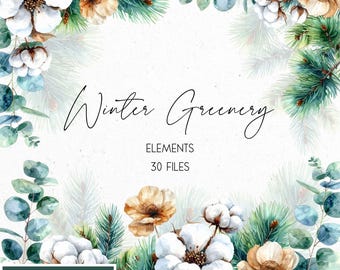 Op de afbeelding: Waterverfillustratie met de tekst "Winter Greenery" en de woorden "Elements" en "30 Files". De afbeelding toont witte katoenbloemen, bruine bloemen en groene dennen- en eucalyptus takken. Een groene rechthoek onderaan luidt "FREE !!!! 2 PREMADE DESIGNS".