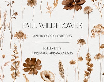 Fall Wildflower Watercolor Clipart, Autumn Meadow Florals PNG (Commercial Use)