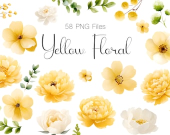 Yellow Peony Watercolor Clipart, Floral Frames, Wedding Invitation Graphics (PNG Digital Download)