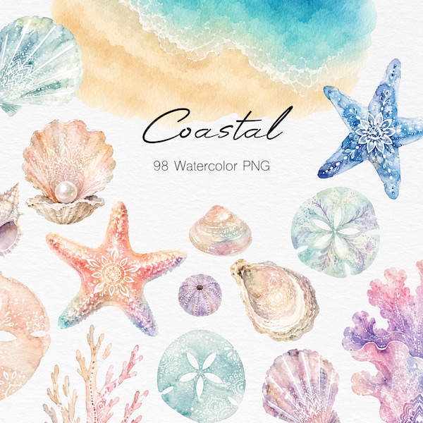98 strand zeeschelp clipart png, aquarel kust zomer clipart, zeester koraal oceaan elementen