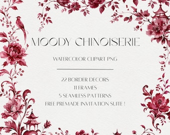Moody Chinoiserie Watercolor Clipart, Burgundy Floral Borders, Frames, Seamless Patterns (Digital Download)