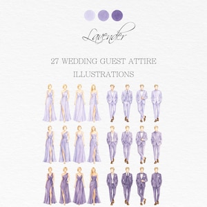 May include: A watercolour illustration of wedding guest attire. The image shows 27 figures, including women in lavender gowns and men in lavender suits. The word "Lavender" is written in cursive above the text "27 WEDDING GUEST ATTIRE ILLUSTRATIONS."