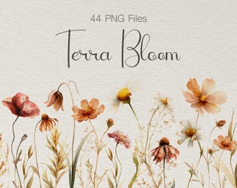 Terra Bloom Watercolor Wildflower Clipart, Boho Wedding Floral Elements (Digital Download)