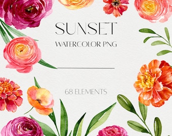 Sunset Watercolor Floral Clipart | Ranunculus Marigold Poppy PNG | Vibrant Wedding Summer | Commercial Use