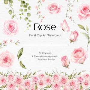 Puede incluir: Ilustración de clip art floral en acuarela con rosas rosas, capullos y hojas verdes. La palabra "Rose" se muestra en negro. La imagen incluye 74 elementos, 4 arreglos prefabricados y 1 borde sin costuras.