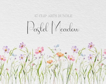 Pastel Meadow Wildflower Clipart Bundle, Watercolor Floral Elements (Digital Download)