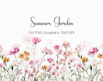 Summer Garden Clipart: Wildflower PNG Borders, Boho Wedding (Commercial Use)
