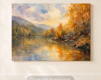 May include: A watercolor print featuring a landscape with a calm lake reflecting golden autumn trees and distant mountains under a soft sky. The text WATERCOLOR PRINT and DIGITAL DOWNLOAD are visible at the top and bottom of the image.