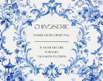 Blue Chinoiserie Watercolor Clipart, Floral Frames, Pagoda Bird Pattern (Digital Download)