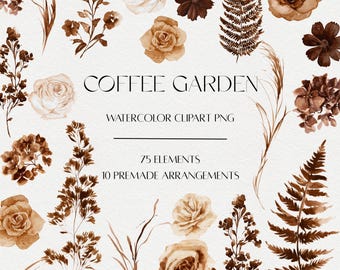 Coffee Garden Watercolor Floral Clipart Bundle, Neutral Wedding PNG Elements (Digital Download)