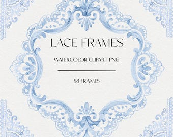 Dusty Blue Watercolor Lace Frames Clipart, Ornate Wedding Invitation Borders (Digital Download)