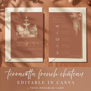May include: Terracotta wedding program card featuring a fountain illustration and event details. The card includes the text "Luna & James" and "The Celebration". The card is in a white envelope.