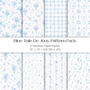 Pode incluir: Uma coleção de oito papéis digitais sem costuras com padrões azuis Toile de Jouy, incluindo arranjos florais, pássaros, xadrez e motivos de videiras. O texto diz Blue Toile De Jouy Pattern Pack, 8 Seamless Digital Papers, 15" x 15" • 300 DPI • JPG.