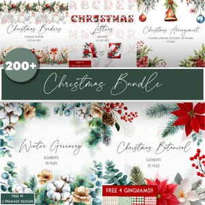 May include: A digital art bundle with Christmas themes, including borders, letters, arrangements, and botanical designs. The image displays a festive colour palette of red, green, and white, with floral and foliage accents. Text includes "Christmas Borders," "Christmas Letters," and "Christmas Arrangement."
