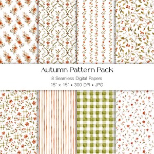 Puede incluir: Una colección digital titulada Autumn Pattern Pack que incluye 8 papeles digitales sin costuras de 38,1 cm x 38,1 cm a 300 DPI. Los patrones incluyen arreglos florales en acuarela, rayas verticales, cuadros vichy verdes y motivos de enredaderas.