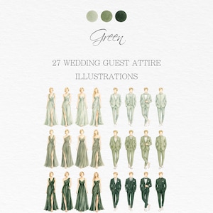 Peut inclure: Illustrations à l'aquarelle de tenues d'invités de mariage dans des tons de vert. L'image présente 27 illustrations de robes et de costumes, avec une palette de couleurs allant du vert clair au vert foncé. Le texte comprend "Green" et "27 Wedding Guest Attire Illustrations."