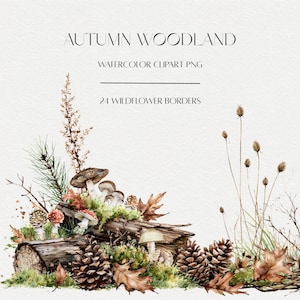 Autumn Woodland Watercolor Border Clipart, Mushroom Pinecone Fall Stationery (Digital Download)