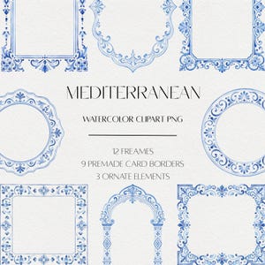 Mediterranean Watercolor Clipart, Blue Tile Wedding Frames, Azulejo PNG (Digital Download)