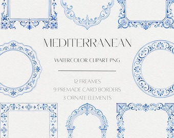 Mediterranean Watercolor Clipart, Blue Tile Wedding Frames, Azulejo PNG (Digital Download)