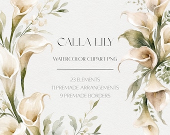 Calla Lily Watercolor Clipart PNG, Ivory Wedding Flower Clipart, Elegant Floral Border, Invitation Frame