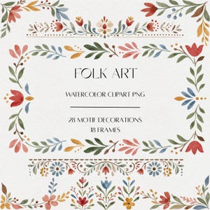 May include: A digital collection of watercolor folk art graphics featuring floral and leaf motifs in red, blue, green, and yellow. The text reads FOLK ART, WATERCOLOR CLIPART PNG, 28 MOTIF DECORATIONS, and 18 FRAMES, arranged with decorative borders.