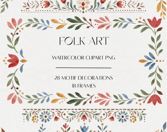 Folk Art Floral Clipart Bundle, Watercolor Borders, Scandinavian Frames (Digital Download)