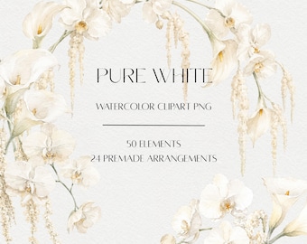 Pure White Watercolor Floral Clipart Bundle, Orchid Calla Lily Arrangements (Digital Download)