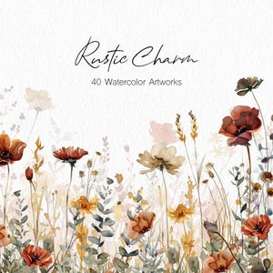 May include: A watercolour artwork titled "Rustic Charm" with a floral design. It features poppies and wildflowers in orange, yellow, and brown hues. The image includes the text "40 Watercolor Artworks".