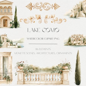 Puede incluir: Una colección de ilustraciones en acuarela con arquitectura del lago de Como, incluyendo villas, balaustradas de piedra, cipreses y adornos dorados. El texto dice LAKE COMO WATERCOLOR CLIPART PNG 86 ELEMENTS VIGNETTE SCENES, ARCHITECTURES, ORNAMENTS.