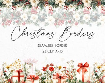 Watercolor Christmas Border Clipart: Seamless Holiday Garland (PNG Digital Download)