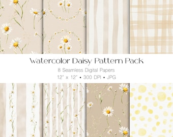 Watercolor Daisy Seamless Pattern Pack, Floral Digital Paper, Scrapbook Paper, Commercial Use (JPG)
