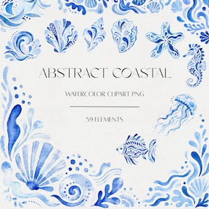 Puede incluir: Una colección de ilustraciones en acuarela azul con vida marina, incluyendo conchas, una estrella de mar, un caballito de mar, una medusa y un pez. El texto dice ABSTRACT COASTAL WATERCOLOR CLIPART PNG 59 ELEMENTS sobre fondo blanco.