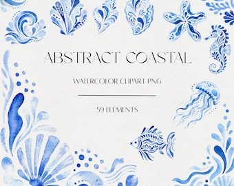 Abstract Coastal Watercolor Clipart Bundle, Blue Ocean PNG Graphics (Digital Download)