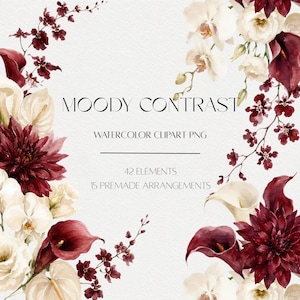 May include: A digital collection of watercolor floral illustrations featuring deep burgundy dahlias, calla lilies, and white orchids. The text reads MOODY CONTRAST WATERCOLOR CLIPART PNG, 42 ELEMENTS, 15 PREMADE ARRANGEMENTS. The flowers are arranged in a frame.