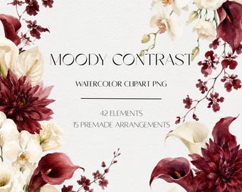 Moody Burgundy Floral Clipart Bundle, Watercolor Wedding Flowers PNG, Dark Romantic Arrangements, Commercial Use