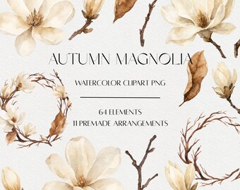 Autumn Magnolia Watercolor Clipart Bundle, Cream Brown Floral PNG (Digital Download)