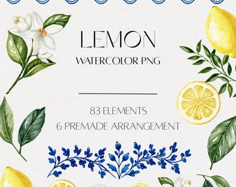 Lemon Watercolor Clipart PNG, Citrus Clipart, Amalfi Mediterranean Blue Floral Elements, Summer Wedding Invitation
